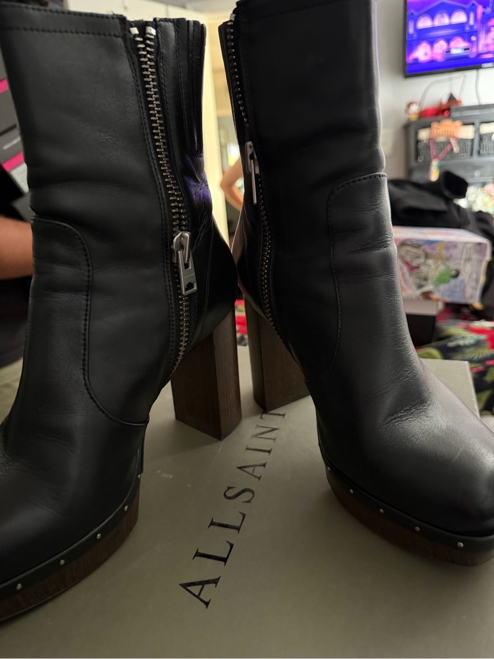 AllSaints Black Platform Zip-Up Heeled Boots - Picture 5 of 6